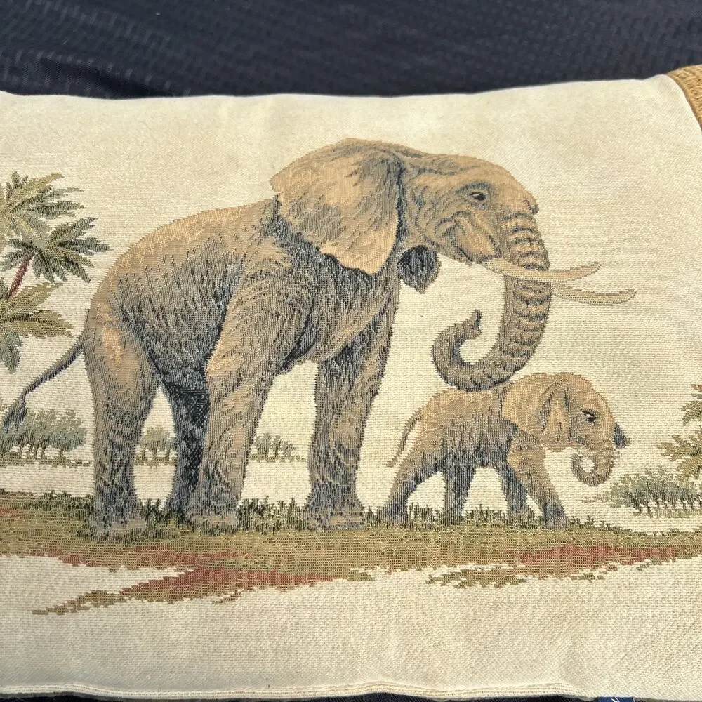 Elephant Safari Tapestry Throw Pillow Decor 24x15 Tan Gold Ashford Court RARE